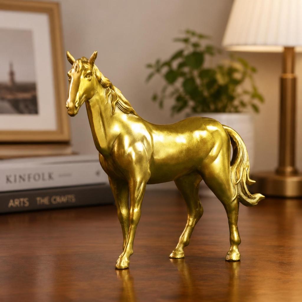 Gold-Toned Brass Horse Figurine Decorative Standing Sculpture Craft Piece