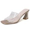High-heeled fish-mouth cool slippers, new mesh rhinestone slippers, fashionable outer wear, thick-heeled fashion flip-flops