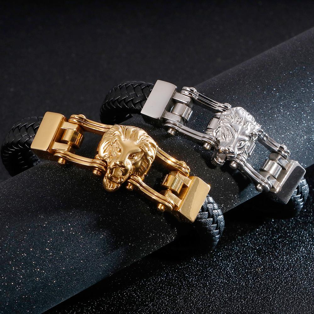 Punk Goth Lion Head Men's Bracelets & Bangles Braided Genuine Leather Man Bracelet Gold Color Stainless Steel Bike Chain Jewelry