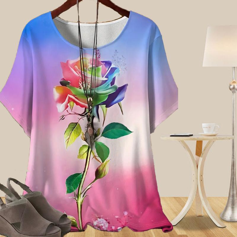 Women's Casual Loose Spring Shirt Women's Short Sleeve Feathered Bird Rose Printed Tops