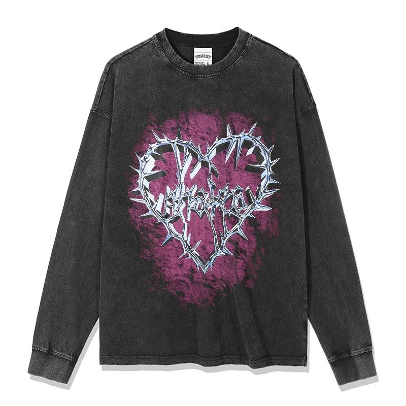 Washed Retro High Street Thorns Small Heavy Vintage Printed Short-Sleeved T-Shirt Retro Neckline Love Bottoming Shirt Cotton