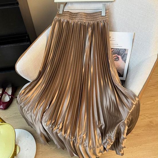 Maxi Skirt High Waist Glossy Long Skirt Solid Color Pleated Design Large Hem Dance Skirt Work Leisure Daily Wear