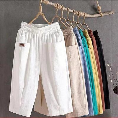 Women Summer Cotton Hemp Cropped Pants Mid-rise Elastic Waistband Wide Leg Casual Pants Solid Color Women's Casual Pants