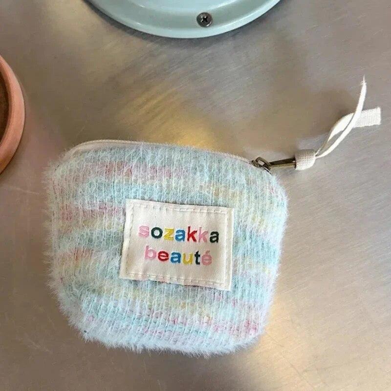 Stripes Plush Coin Purse Kawaii Cute Key Money Card Case Bags Small Coin Bags for Women Boys Girls Gift Mini Handbag