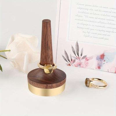Wooden Ring Holder for Jewelry Black Walnut Wood with Brass Stand Modern Display Gift for Wedding Anniversary
