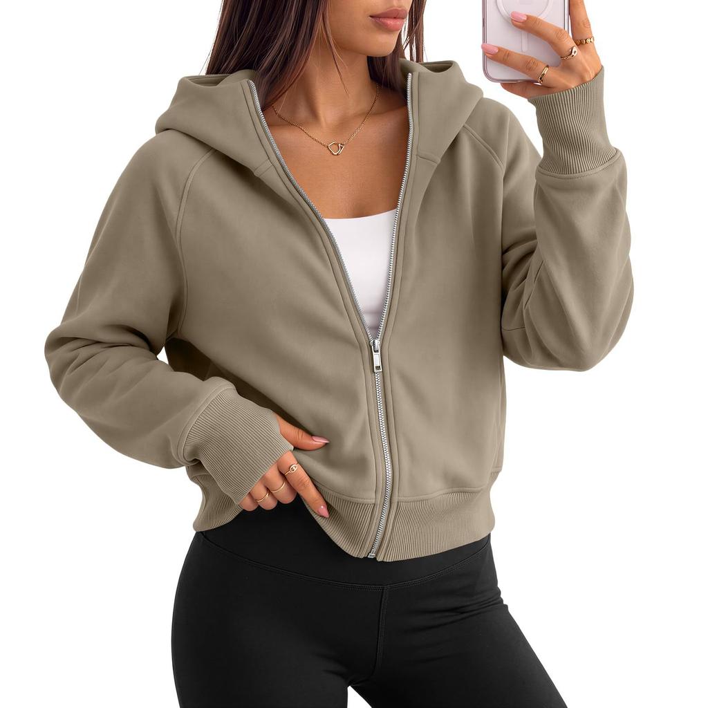 Women's Fashion Cropped Zip-Up Hooded Sweatshirt Jacket with Long Sleeves for Casual Wear