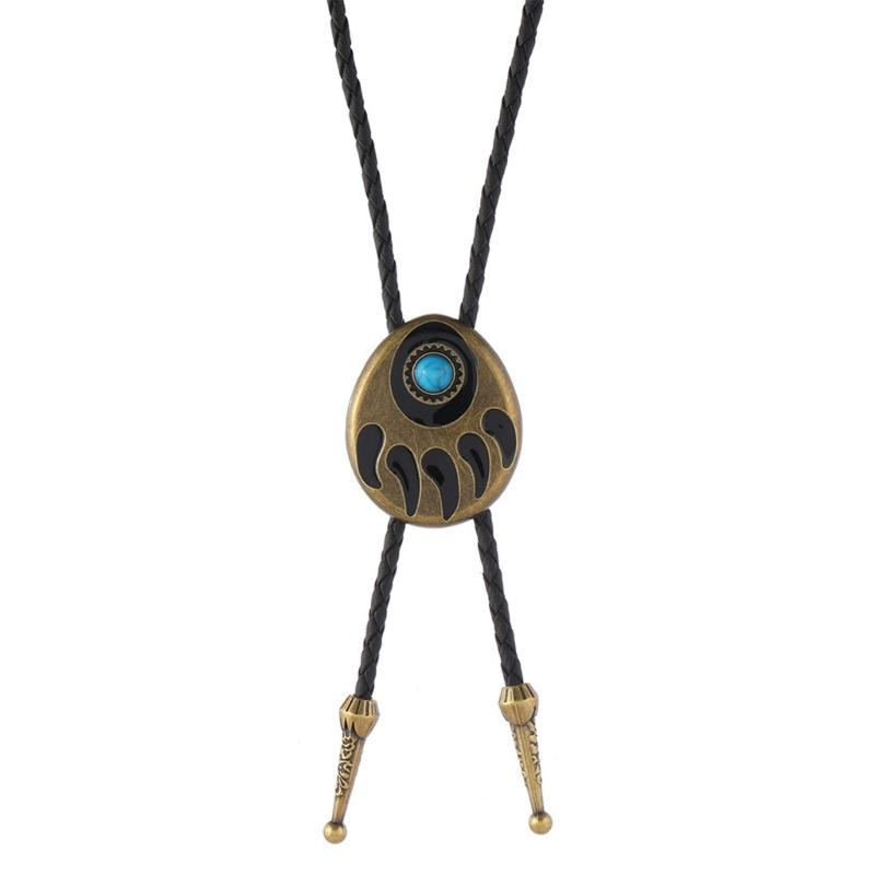 

Turquoises Inlay Bolo Tie With Bear Claw Alloy Accents For Western Outfits Adjustable Leather Cord Necktie Necklace бронзовий