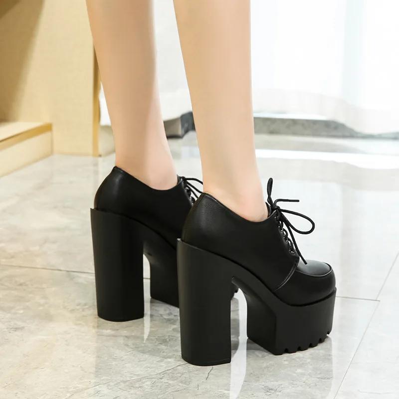 2025 New Spring Autumn Women 14cm Casual High-heeled Shoes Sexy Thick Heels Platform Pumps Black White Size 34-39