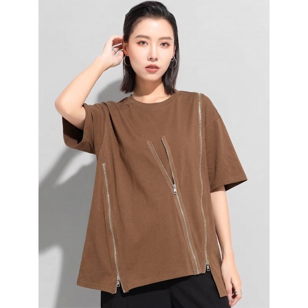 DIMANAF Women 2026 T-Shirt Zipper Female Solid O-Neck Cotton Loose Short Sleeve Tops&Tees