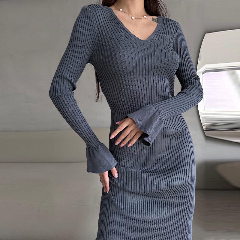 Women Elegant Solid Slim Long Sleeve Ribbed Knitted Dresses Autumn Winter Casual Basic V-neck Warm Sweater Dress
