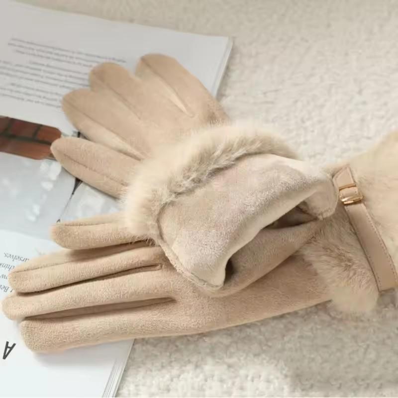 Winter Plush Warm Gloves for Women Thick Touch Screen Metal Buckle Decoration Touch Screen Gloves Windproof Commuting Accessory