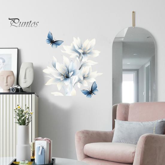 Botanical Wall Accents for Modern Interior Ink-Washed Blue Floral Stickers with Butterflies, Delicate Lily Peel And Stick Decals Living Room