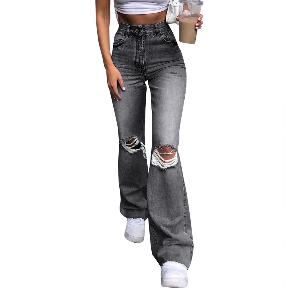 Ladies' Pocket Denim Wide Leg Pants With Holes And Slightly Flared Jeans