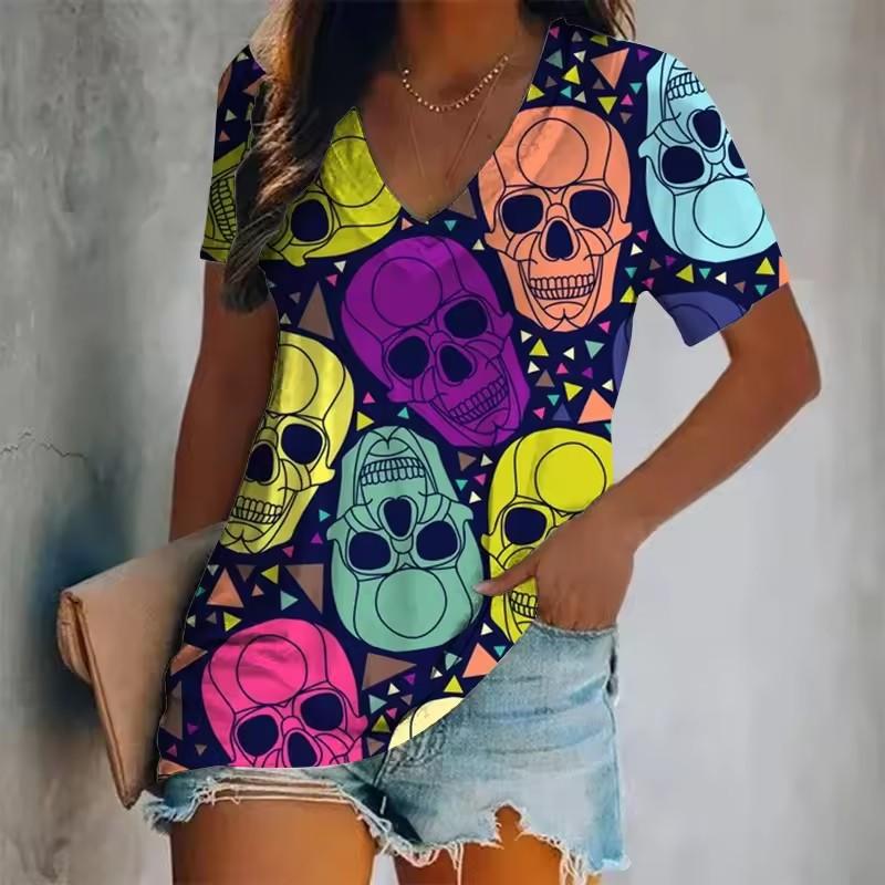Women's Short-Sleeved T-Shirt V-Neck 3d Printed Skull Pattern Oversized Women's Top Y2K Style Summer Casual T-Shirt