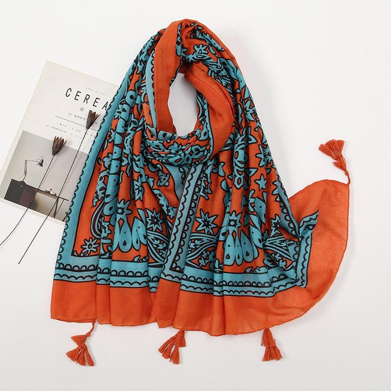 Spring and Autumn New Bali Yarn Tassel Retro Printed Geometric Scarf Versatile Fashion Travel Sunscreen Shawl Silk Scarf Women