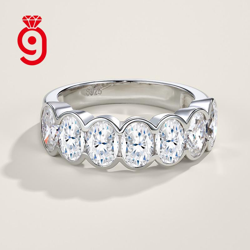 Mellow Glossy S925 Silver Oval Cut Moissanite Full Closed Bezel Continuous Linked Wide Flat Band GRA Certified Moissanite Ring