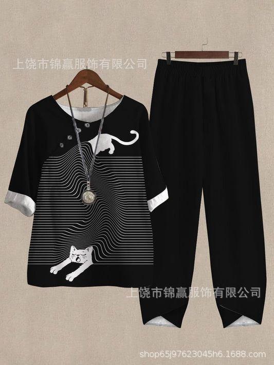 Spring and summer national style bamboo leaf plant printed women's clothing, breathable round neck medium sleeve top, elastic waist loose eight-point