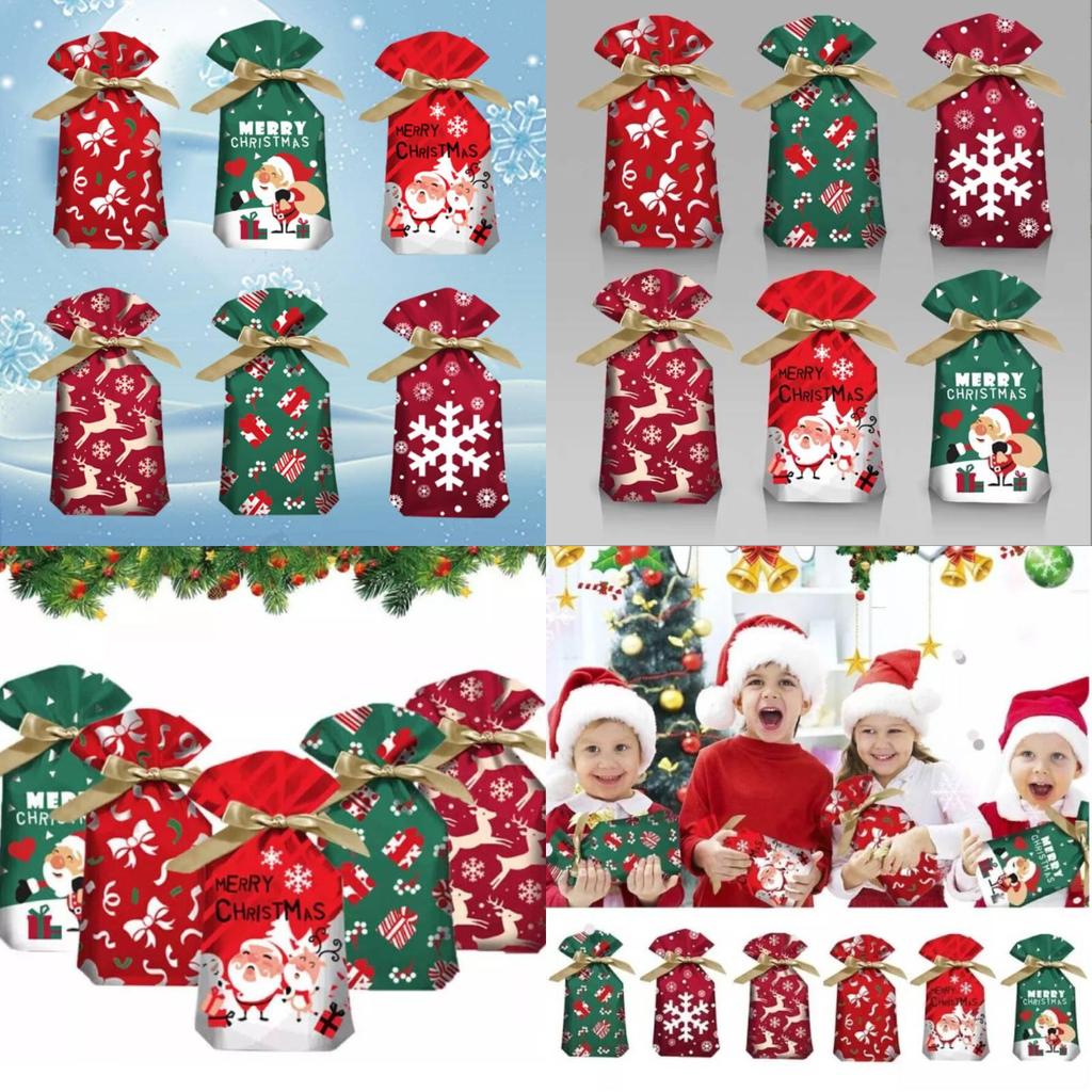 Christmas Gift Packaging Bags With Drawstring Ribbon Santa Print For Events