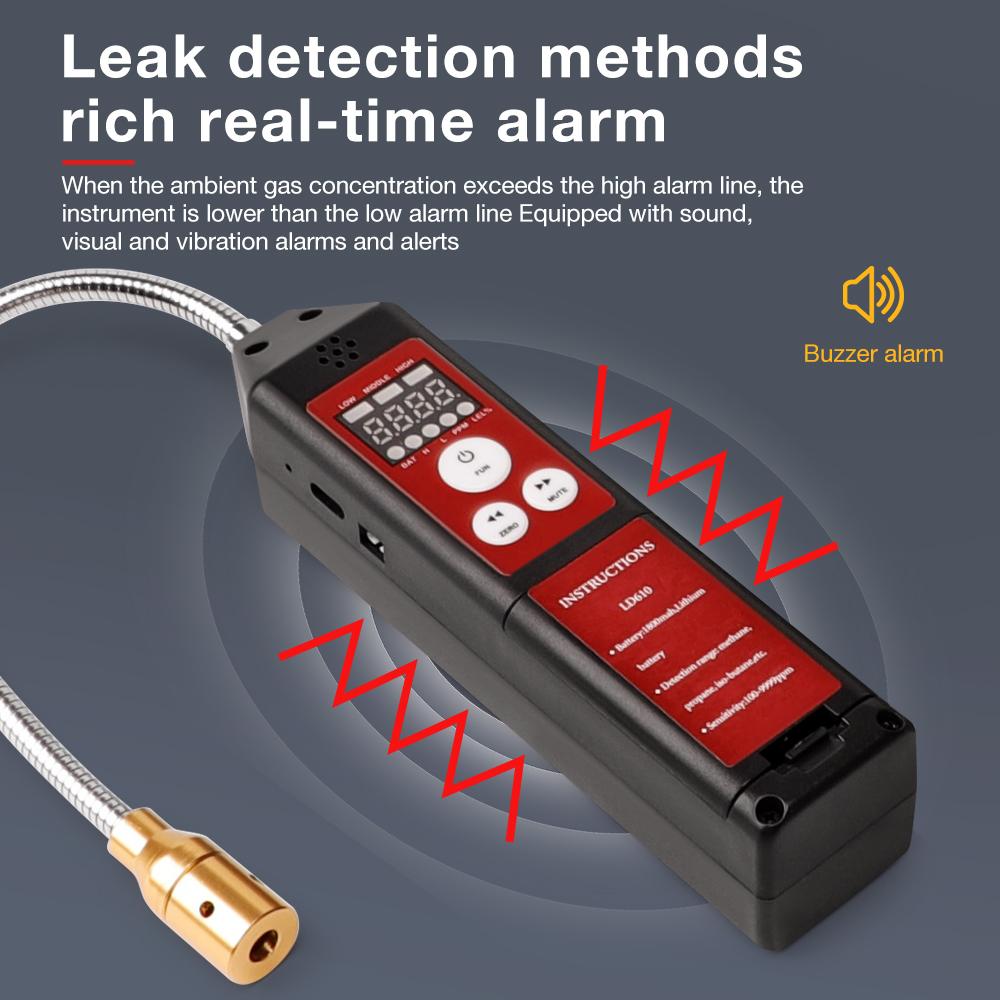 LD610 Combustible Gas Detector Portable Gas Leak Tester 360° Flexible Probe C3H8 C4H10 H2 Methane Leakage Monitor 100-9999PPM