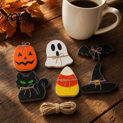 Indoor Halloween Decorations 6Pcs Tiered Tray Decor, Ghost Black Cat Mummy Figurines, Pumpkin Witch Ornaments Hat Bat Wooden for Shelf Table,