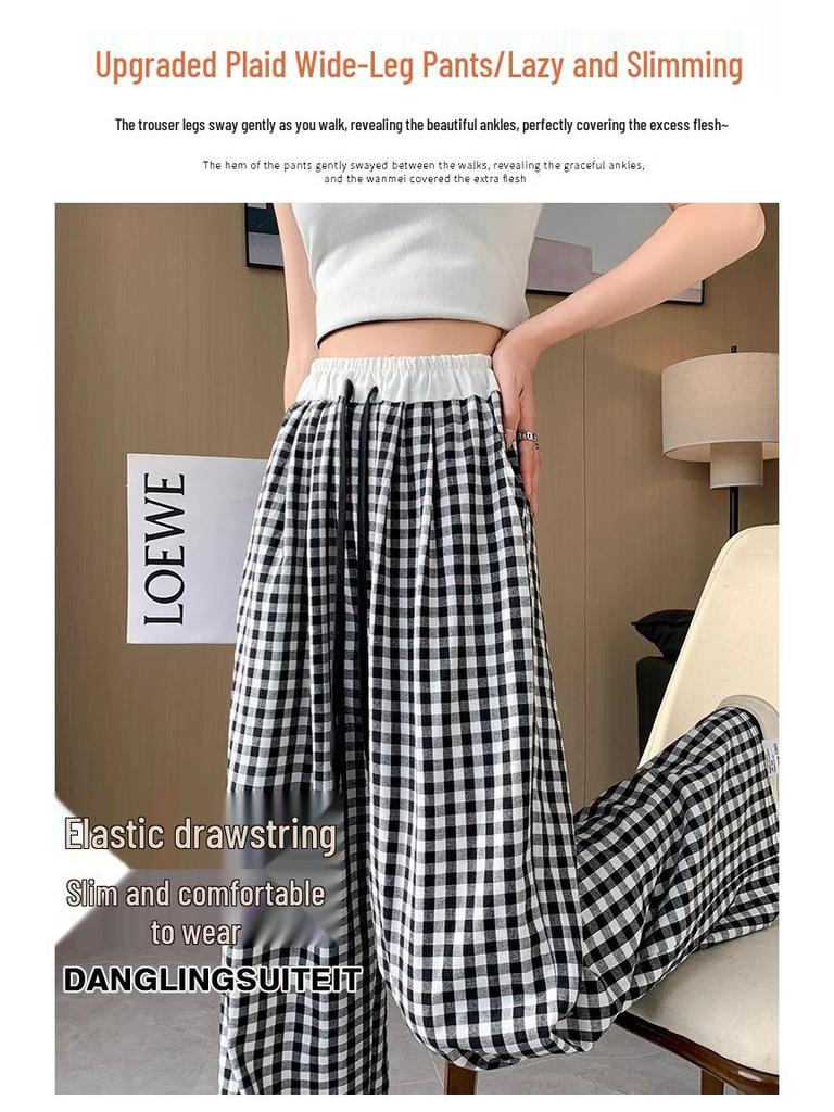 Korean Sweet Pink Check Wide-Leg High-Waist Women's Summer Pants
