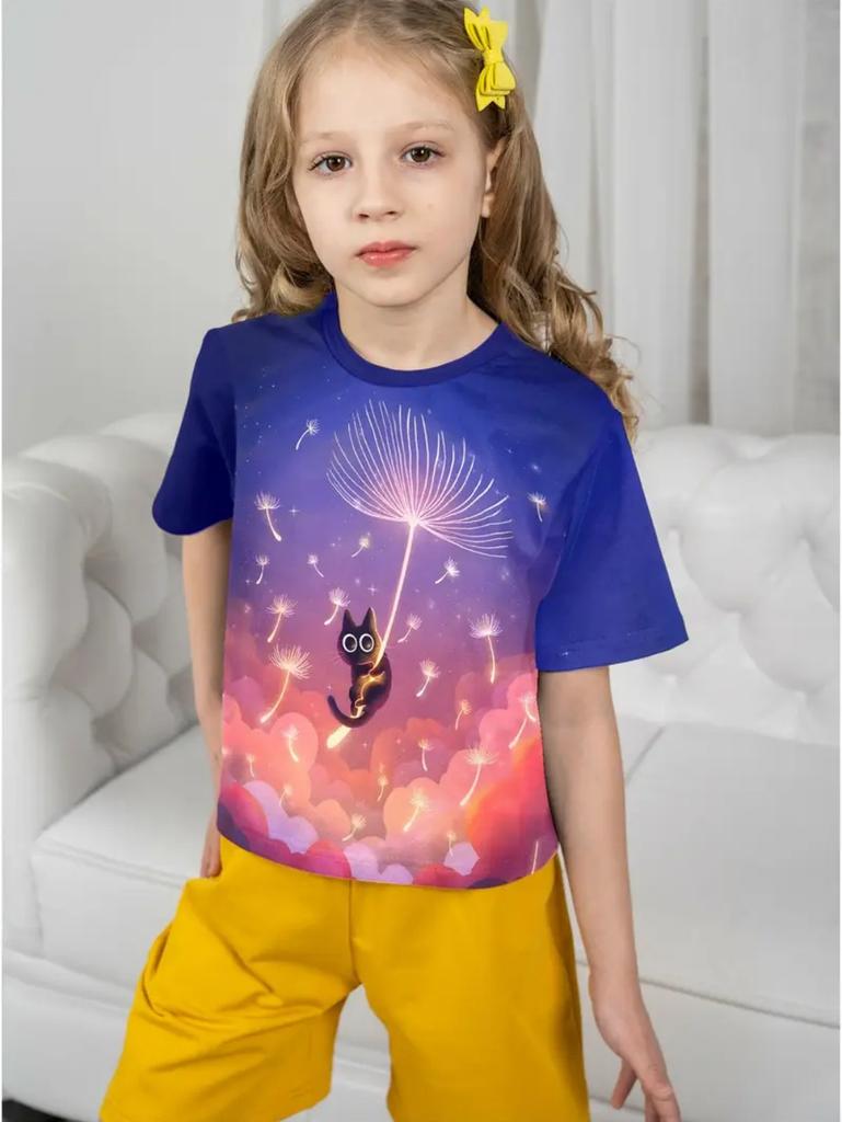 Summer T-shirt for Girls Cute Cat Print Tops Fashion Comfort Round Neck Short-sleeved Outdoors Quick-drying Children's Clothing
