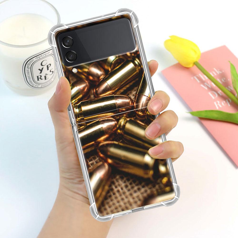 Luxury Case For Samsung Galaxy Z Flip 3 4 5G Funda Z Flip3 Clear PC Hard Shockproof Back Phone Shell AK47 Handgun Gun BUllets