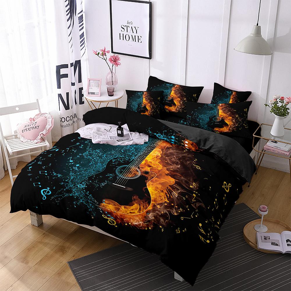 Přehozové sady s potiskem elektrické kytary Twin Hudební nástroj 3D Povlak na peřinu Dospívající Mladí Milovníci Rock and Rollu Ložní sady