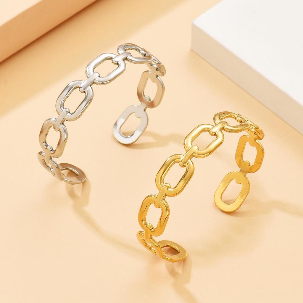 Modern C-Shaped Hollow Square Chain Stainless Steel Bangle Bracelet
