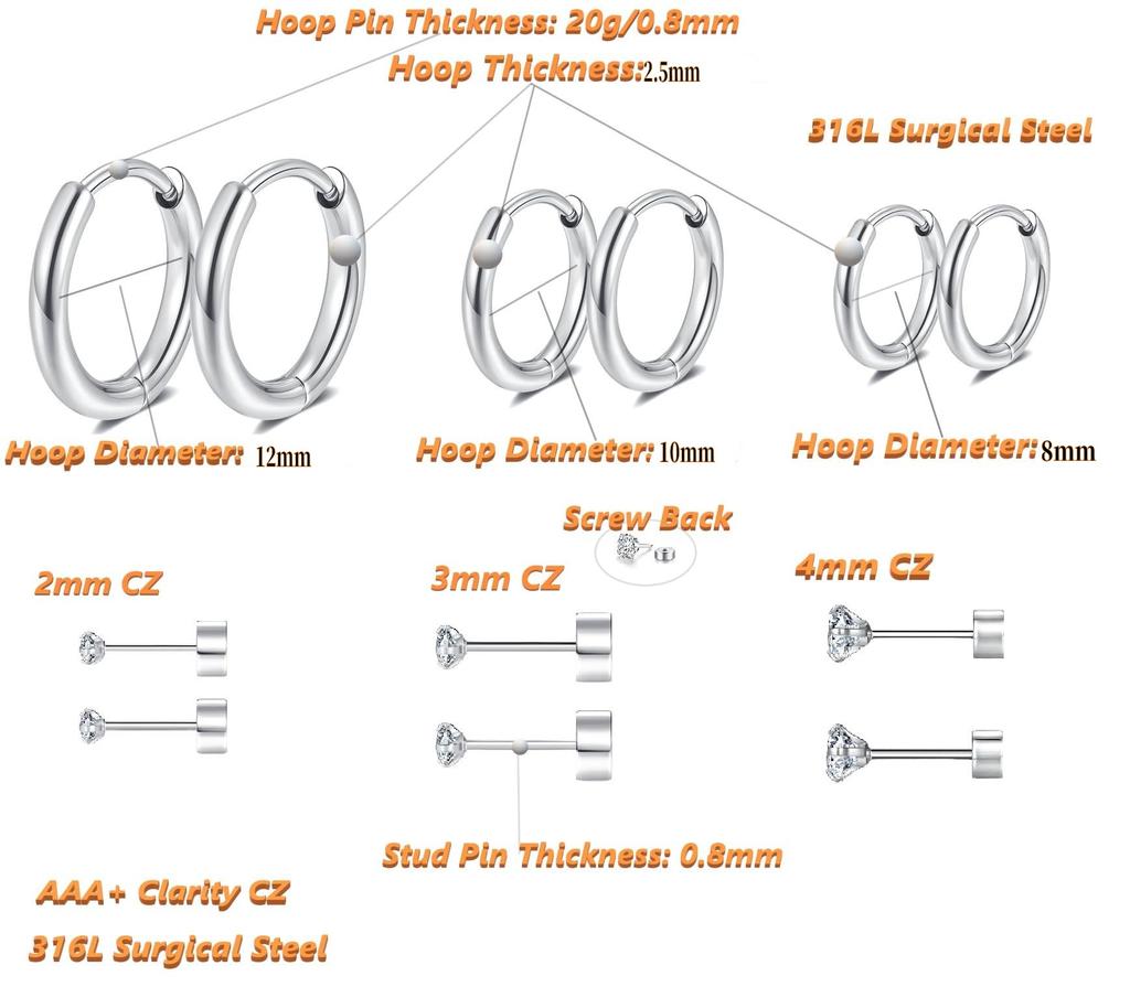 6 Pairs Hoop Earrings Cubic Zirconia Earrings Studs Set for Women 18k Gold Plated Surgical Steel Jewelry Gift