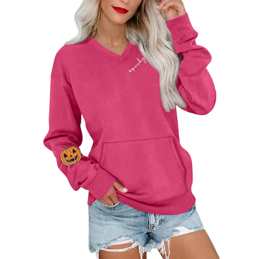 Women's Casual Fashion Halloween Print V-Neck Long-Sleeve Sweatshirt Lightweight Pullover Hoodie With Pockets