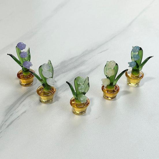 Mini Glass Lily of The Valley Flower with Pot Hand Blown Faux Crystal Flower Figurine for Mother's Day Birthday Table Centerpiece