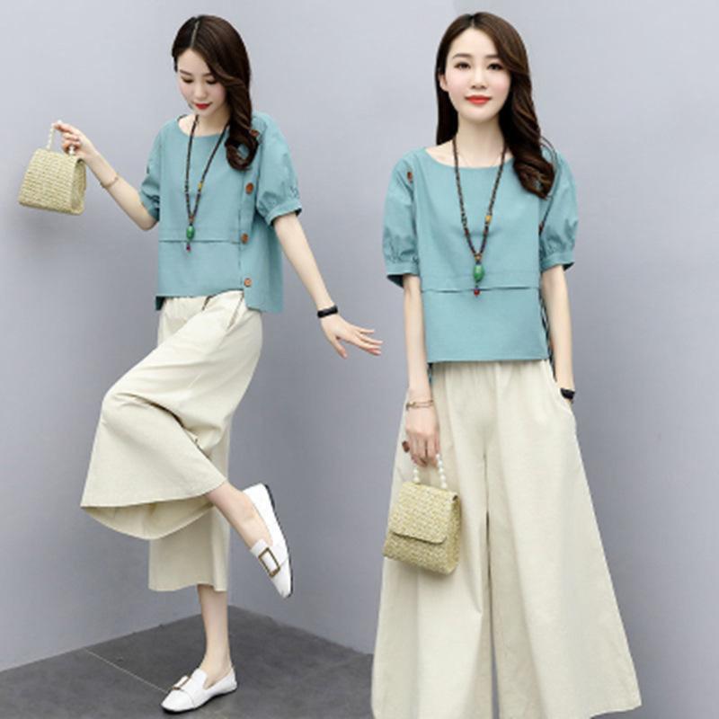 Loose Two-piece Short-sleeved Summer Women's Fashionable Wide-leg Pants Suit Loose and Slim