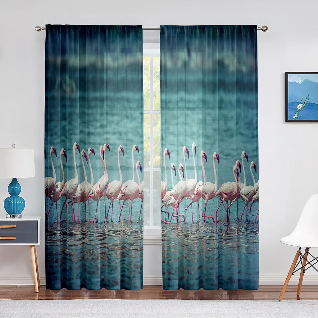 Flock Pink Flamingos In The Water Sheer Voile Curtains for Living Room Bedroom Kitchen Window Drapes Chiffon Tulle Curtain Decor