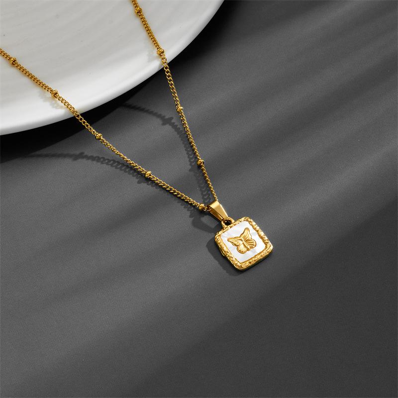 Elegant Rose Butterfly White Shell Pendant Necklace in Titanium Steel