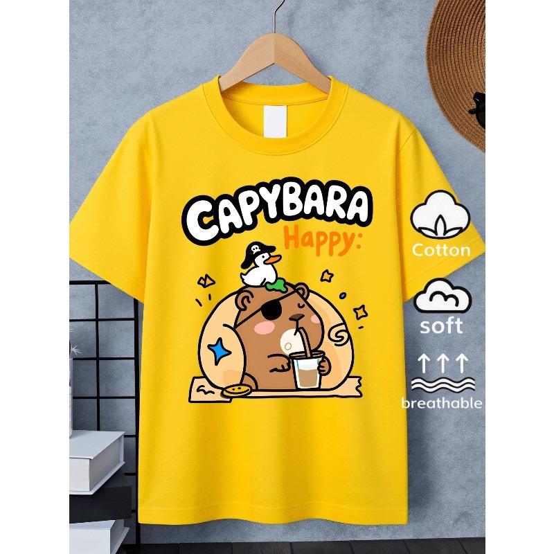 European sizes Boys' T-Shirt Capybara Duck Coffee Stars Beach Sun , Ideal for Outdoor Activities, Soft Knitted Top, Comfortable And Breathable