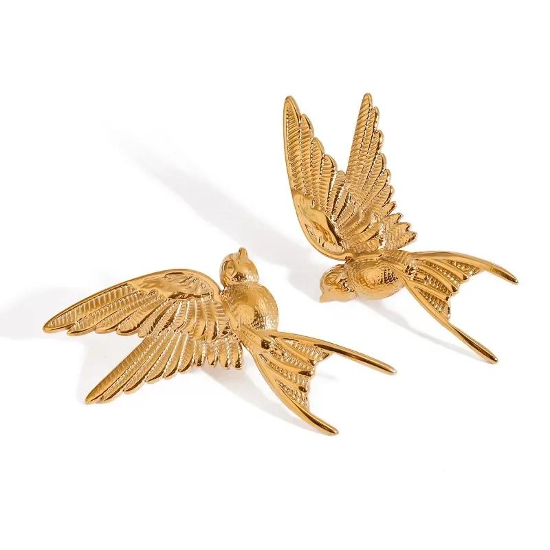 Gold PVD Plated Titanium Steel Dove of Peace Dangle Earrings for Women Non Tarnish Metallic Pendant Jewelry
