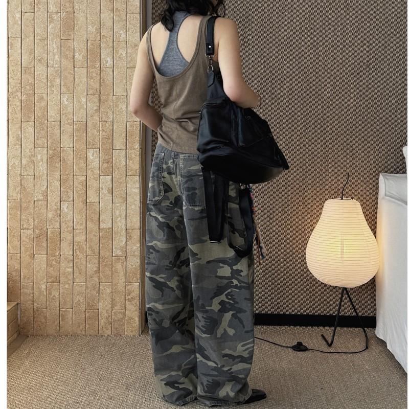 Johnature Bahar Kore Tarzı Retro İş Giysisi Kamuflaj Geniş Bacak Kot Pantolon Bol Kesim Uzun Pantolon Kadınlar İçin