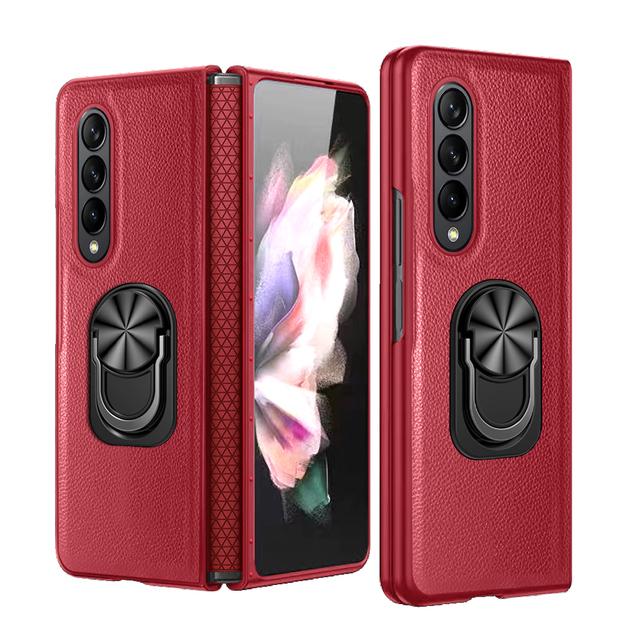 Luxury Leather Ring Holder Hinge Protector Full Protection Phone Cover For Samsung Galaxy Z Fold 4 Case Shockproof Kickstand