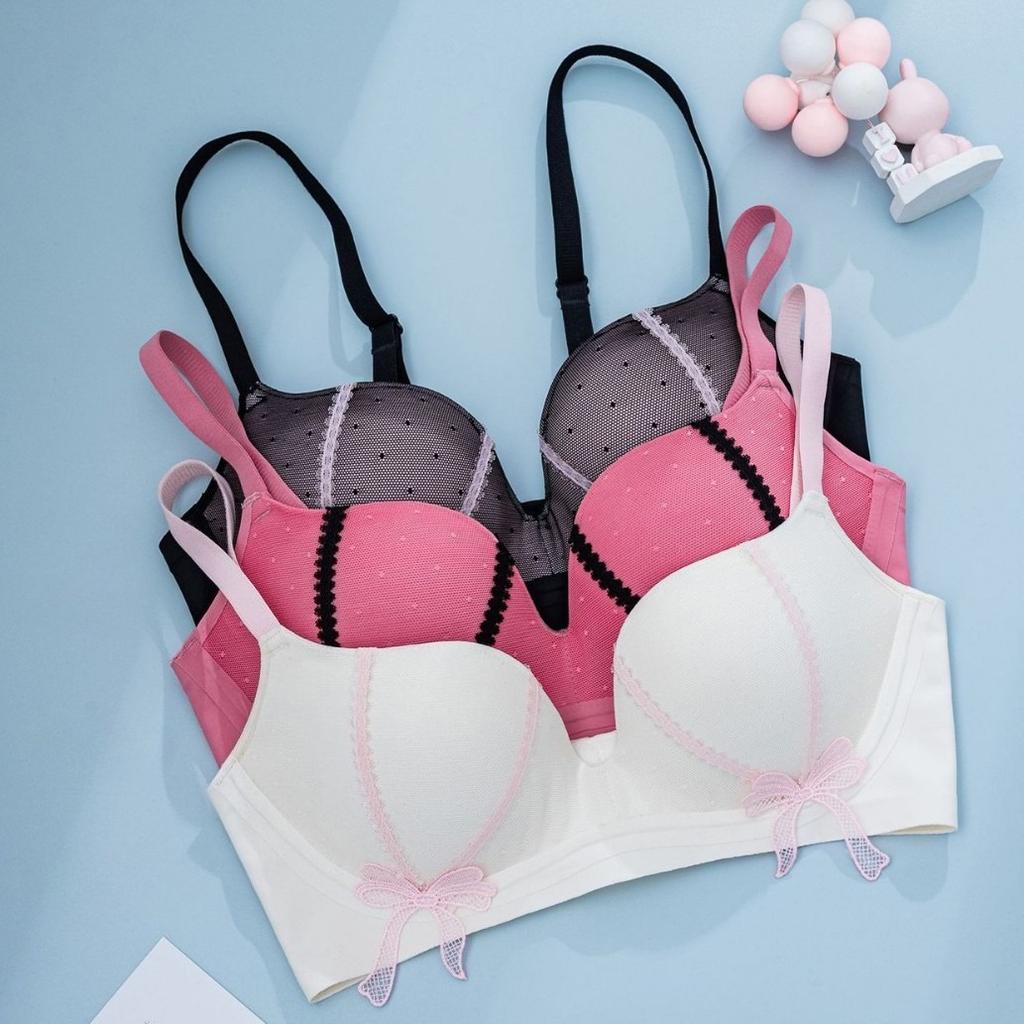 Seamless Girly Bow Lace Gathered Bra with Thin Top and Thick Bottom Side Lift and Anti-sagging Bra