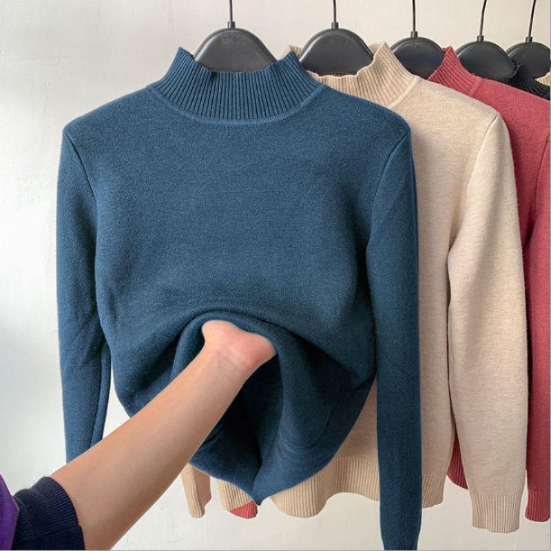 Slim Thicken Knitted Sweater Pullovers Woman Winter Sweater Casual Fleece Lined Warm Knitwear Tops