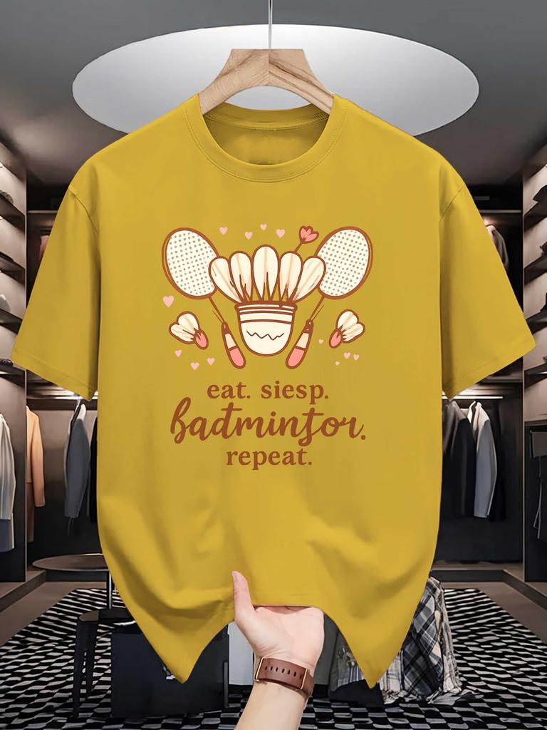 Unisex Crew Neck Tee Badminton Sport Letter Graphic Print Soft Cotton Loose Breathable Short Sleeve Summer Casual Street Tops