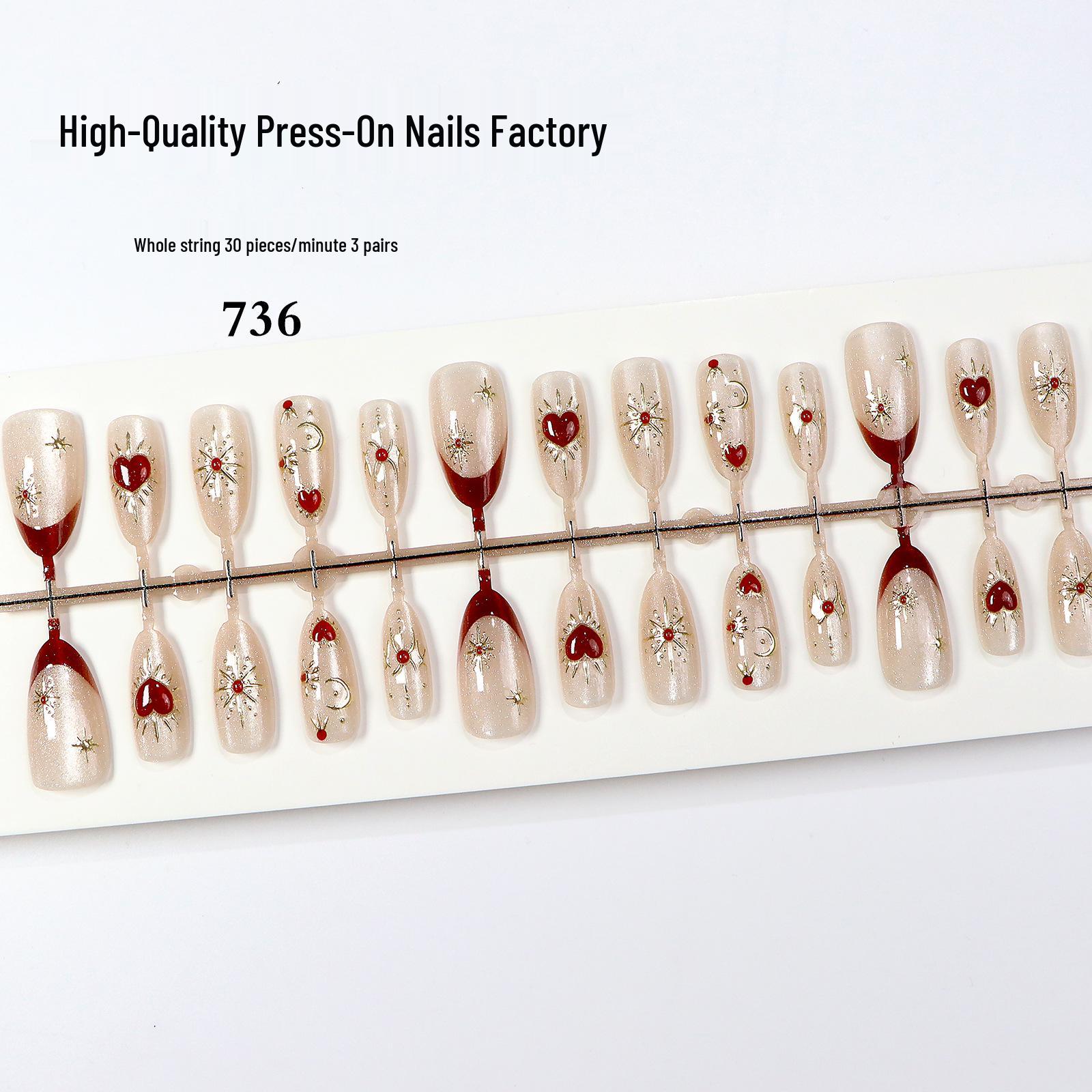 French Cat Eye Press-On Nails with Gilded Red Heart Gems and Transparent Tips