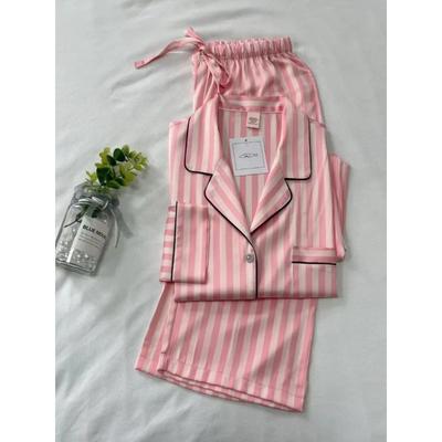 Pink Striped Silk Thick Long-sleeved Trousers Pajamas Suit Female Fashion Thin Autumn and Winter Home Clothes