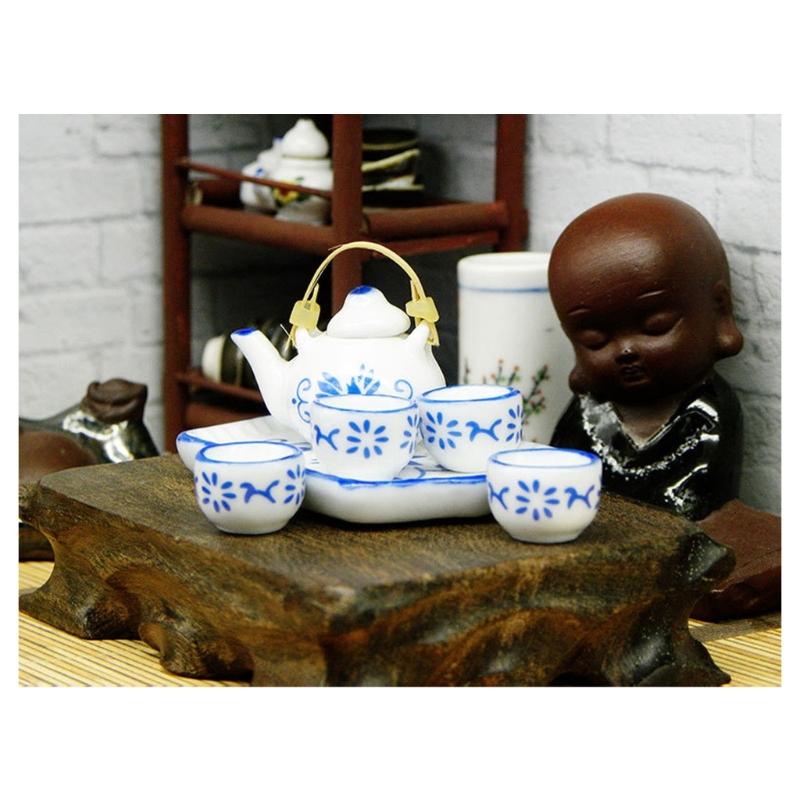 Miniature Teaware Set Model For Children And Collectors With Blue White Porcelain Teapot Cup Tray Doll House Furniture