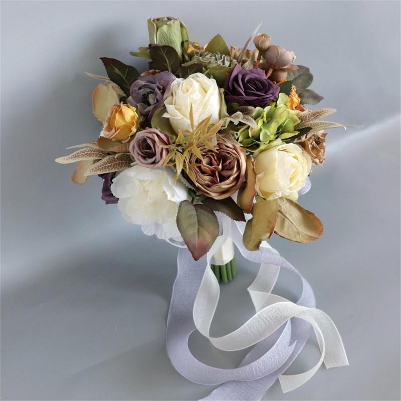 Artificial Flower Wedding Bouquet for Bride Bridesmaid Elegant Silk Flower Champagne Bridal Bouquet for Formal Occasion