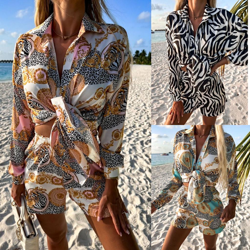 Tooxika New Vacation Style Casual Printed Long Sleeved Shorts Two-piece Set