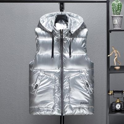 Men Vest Coat Stand Collar Hooded Sleeveless Zipper Closure Winter Vest Outwear with Pockets Solid Color Thickened Padding Cotton Down Waistcoat