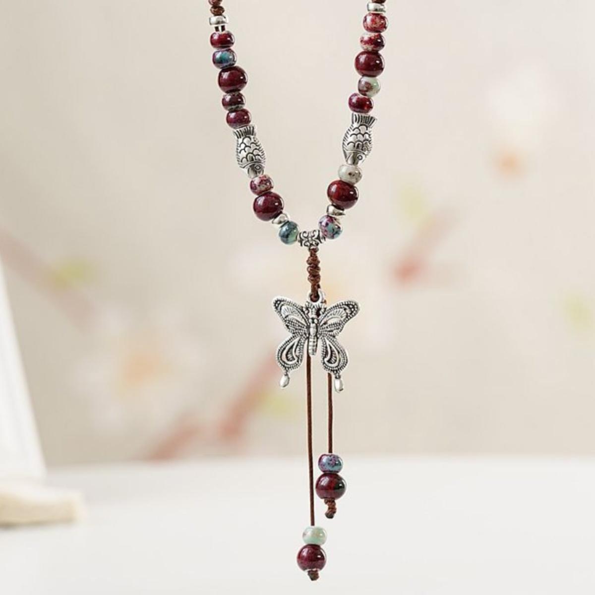 

Керамическое ожерелье в этническом стиле, благородная наложница, пьяная бабочка Цзиндэчжэнь, длинное ожерелье с нитью селадона, цепочка для свитера, кулон в древнем стиле