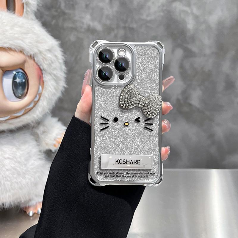 Meow bow doll is suitable for Apple 16 mobile phone case 15promax four-corner lanyard 13 transparent silicone 14 women